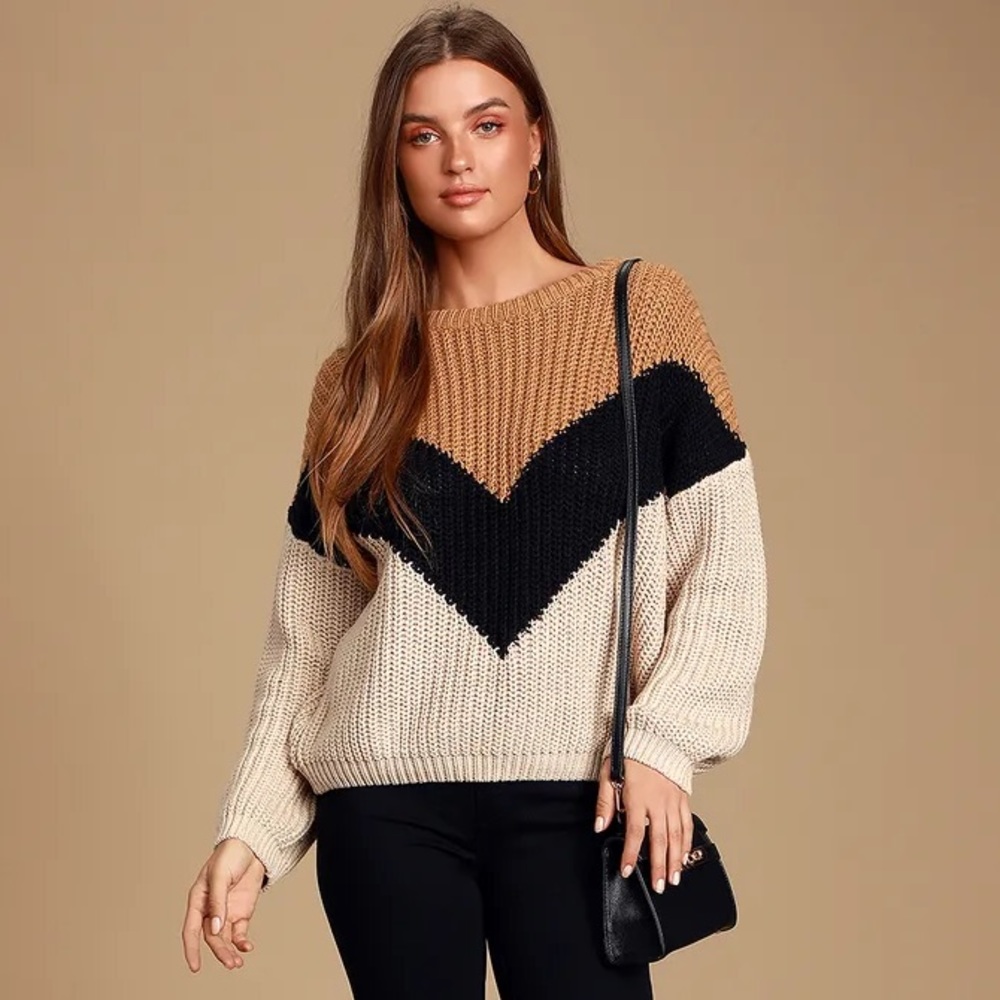 Lulus - Autumn Leaves Tan Multi Chevron Stripe Knit Sweater - Size Large